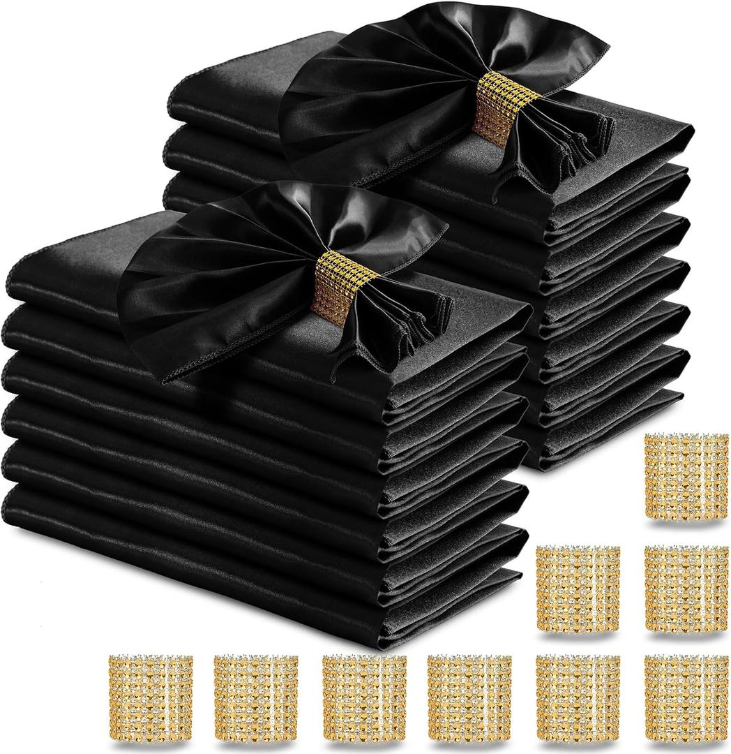 RUDONG M 100 Pcs Black Satin Napkins and Napkin Rings Set, 17 x 17 Inch Square Cloth Napkins Set of 50, Silky Soft Table Napkins Bulk for Weddings, Banquet, Parties Dinner Decoration