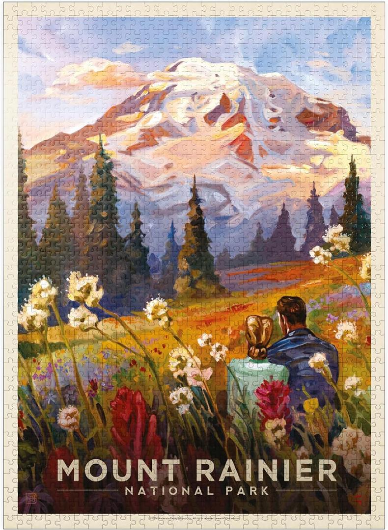 MyPuzzle Mount Rainier National Park: Moment in The Meadow, Vintage Poster - Premium 1000 Piece Jigsaw Puzzle for Adults