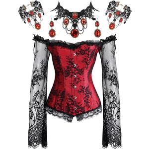 Haysandy Halloween Women Gothic Punk Vampire Accessories Corset Tops with Sleeve Corset Lace Choker Necklace Bracelet Earring (Medium, Red)