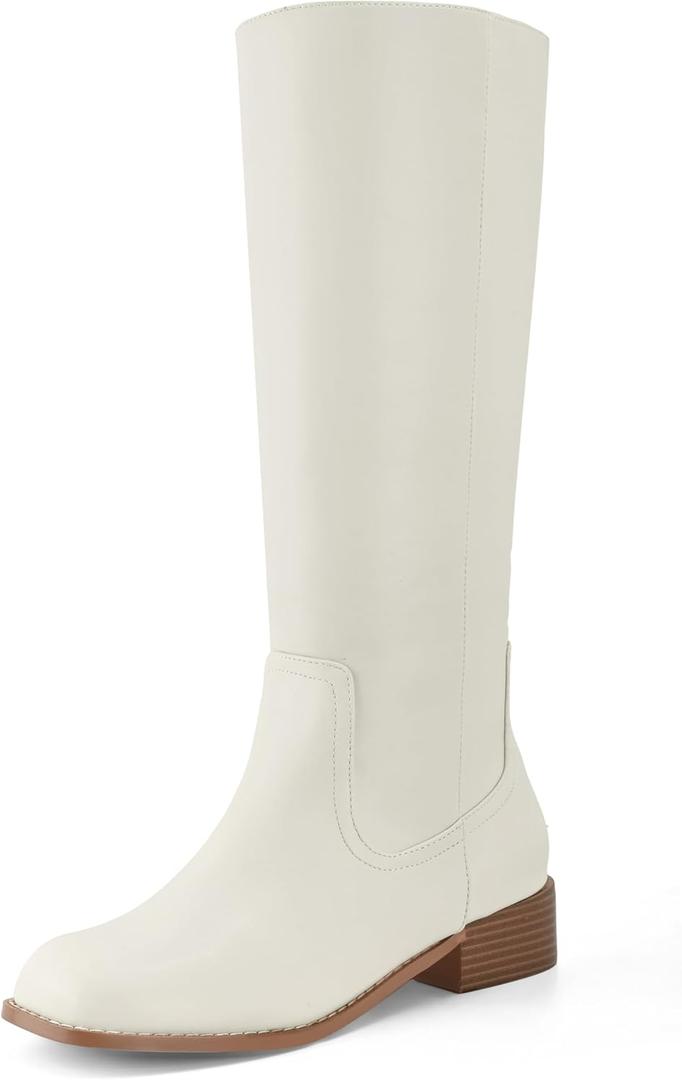 Shoe'N Tale Women's Knee High Boots Block Low Heel Square Toe with Side Zipper Fall and Winter Fashion Comfortable Boots (7, White)