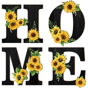 Geetery 4 Pcs Sunflower Kitchen Wall Decor Accessories Wood Rustic Sunflower Home Letters Decor Hanging Wall Art Signs Decorations for Home Living Room Kitchen Bedroom(Black)