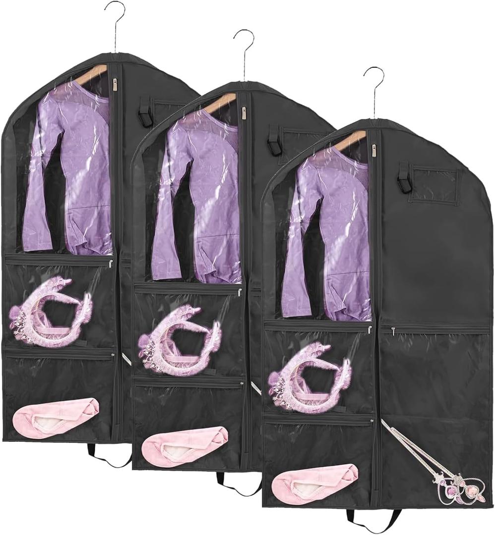 Dance Costume Garment Bag for Dancers,3 Pack Waterproof 40 inch Kids Garment Bag for Dance Competitions with Pockets for Dance Costumes,Cheer Uniform Garment Bags for Hanging Clothes Travel