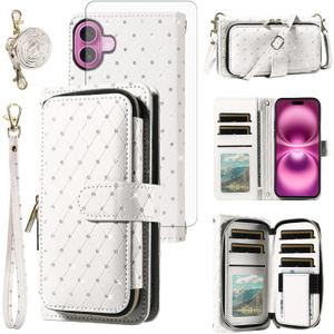 Asuwish Phone Cover for iPhone 16 Plus 6.7 inch Wallet Case Cell Zipper with Tempered Glass Screen Protector Crossbody Lanyard Strap Glitter Card Holder i Phone16 16+ i16 + 16Plus Women Girls White