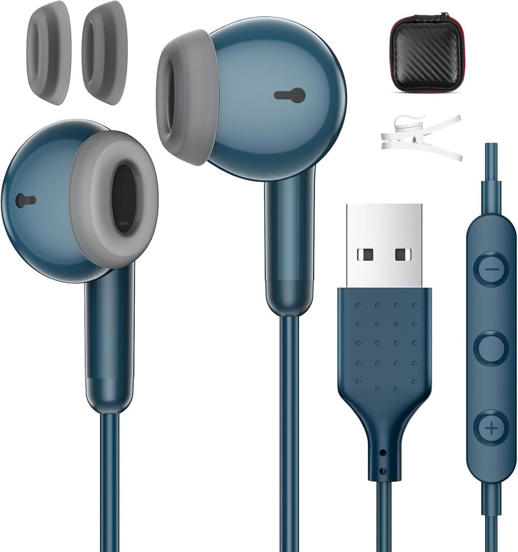 USB Earbuds with Microphone for Chromebook PC Laptop Destop,7.5FT Mute Control USB A Wired Headphone,Stereo Type A Computer Headset Small In-Ear Noise Canceling Corded Earphone for Dell School Office (Blue)