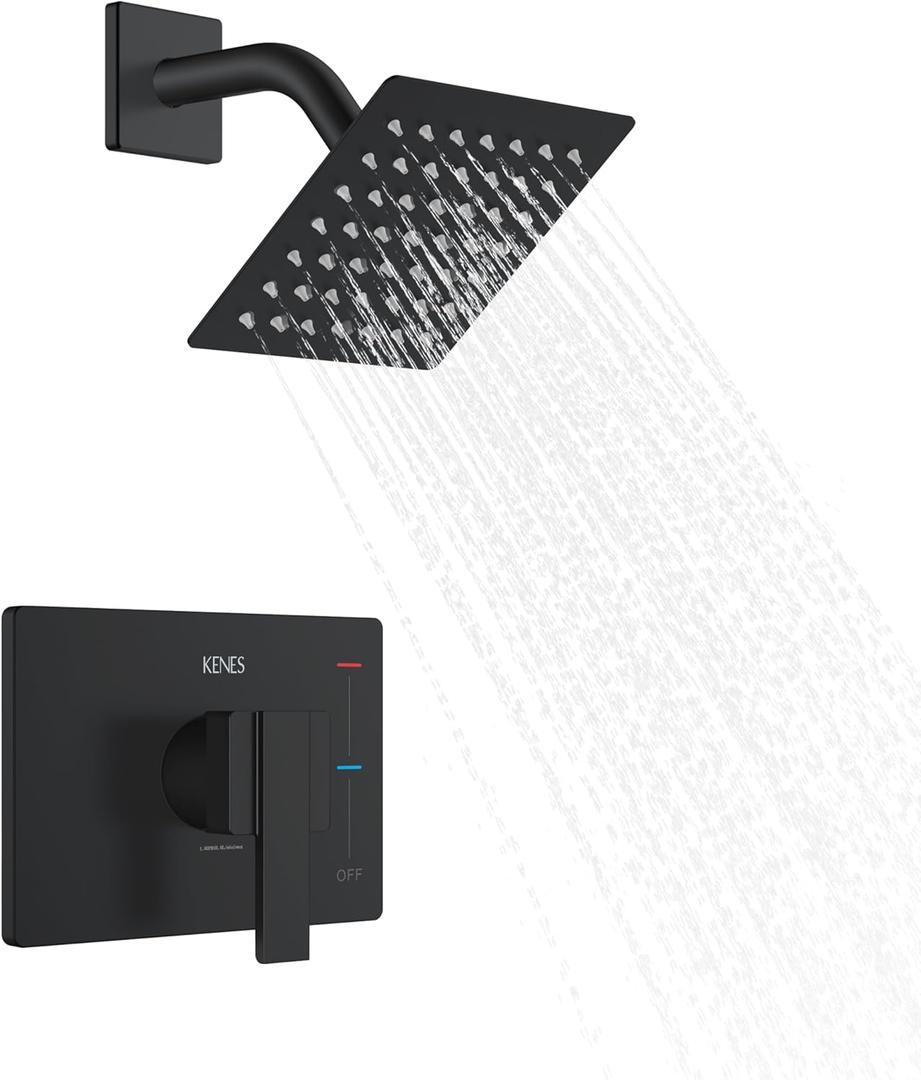 KENES Matte Black Shower Faucet with 6-Inch Shower Head and Handle Set, Square Shower Faucet Set Bathroom Rainfall Shower System Wall Mount, KE-6025B-2 (Shower Valve Included)