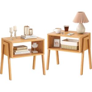 End Table Set of 2 Bamboo Nightstand Stackable Bedside Table Living Room Nightstand 2-Tier Storage Shelf Wood Sofa Table for Small Space Bed Room Living Room