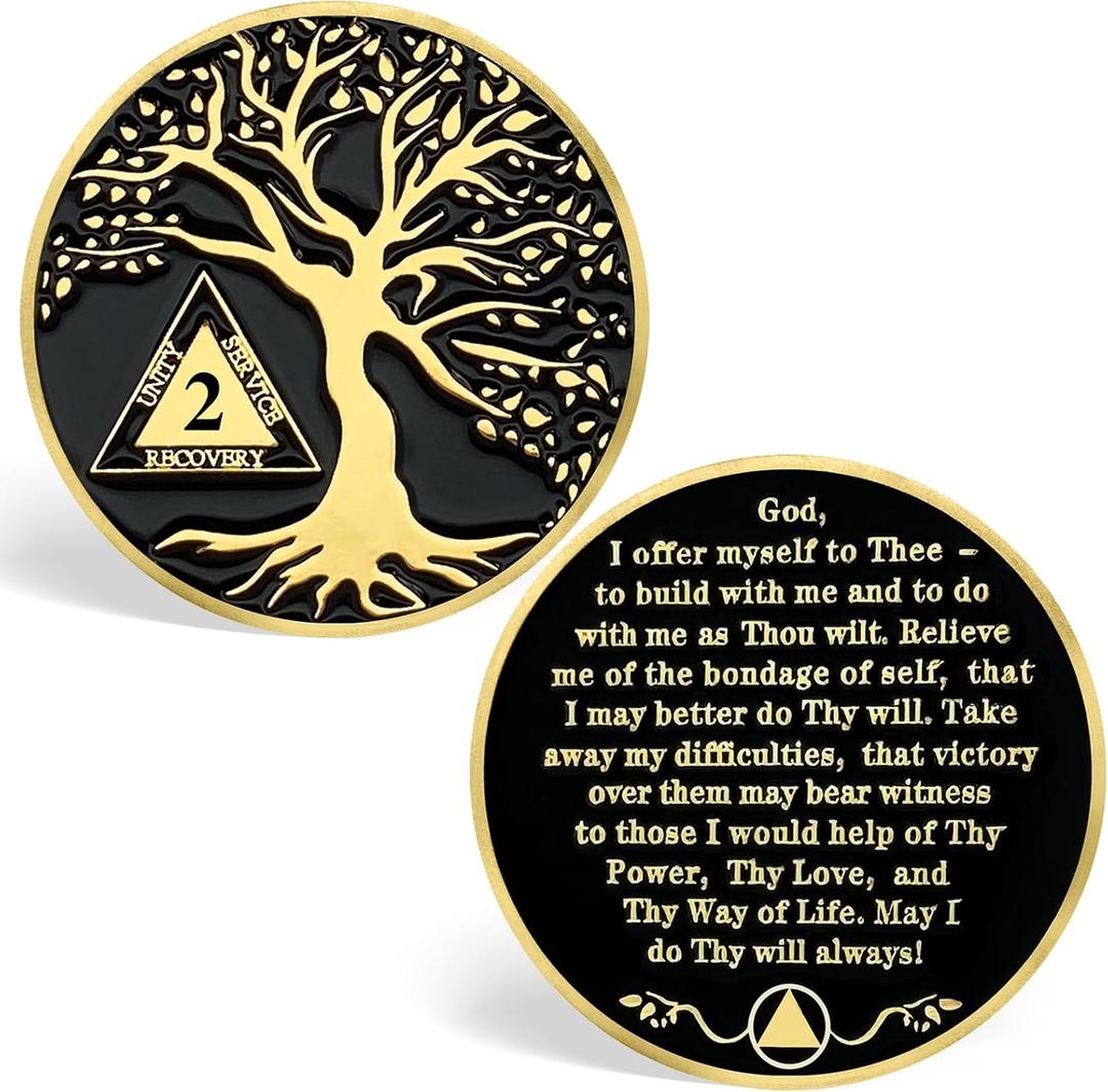 2 Year Sobriety Coins, Tree of Life 2 Year AA Medallions - AA Sobriety Chips Recovery Coins Sober Tokens for Alcoholics Anonymous Recovery Sober Gifts for Men Women