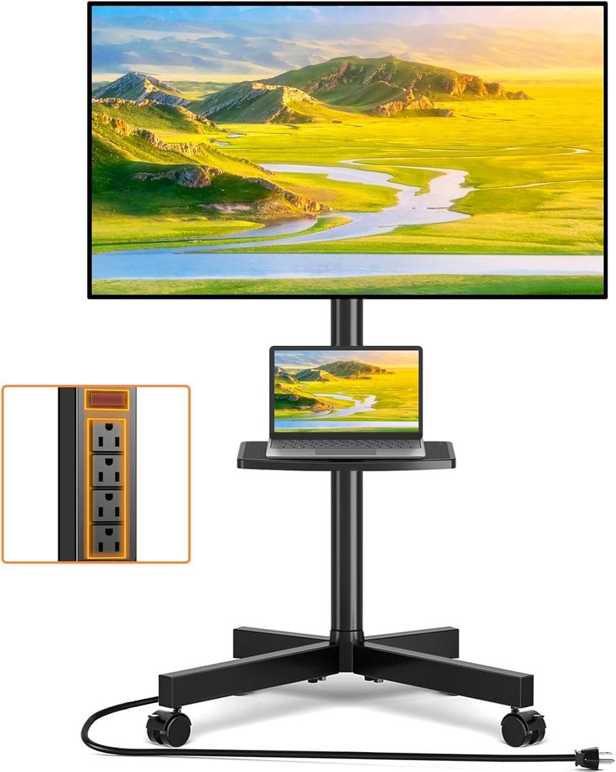 TVON Mobile TV Stand with Power Outlet, Tilt Rolling TV Cart for 23-65 Inch LCD LED OLED Flat Curved Screen TVs up to 88 lbs, Height Adjustment Portable TV Stand on Wheels, Max VESA 400x400mm