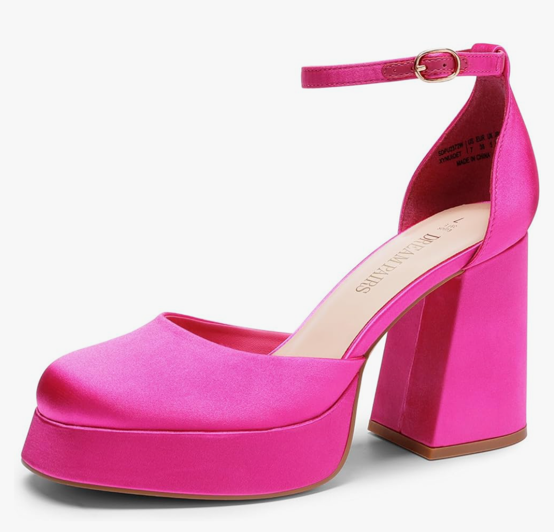 DREAM PAIRS Women’s High Chunky Platform Closed Toe Block Heels Square Toe Ankle Strap Dress Wedding Party Pumps Shoes Aurelia, 7.5, Rose Red-satin