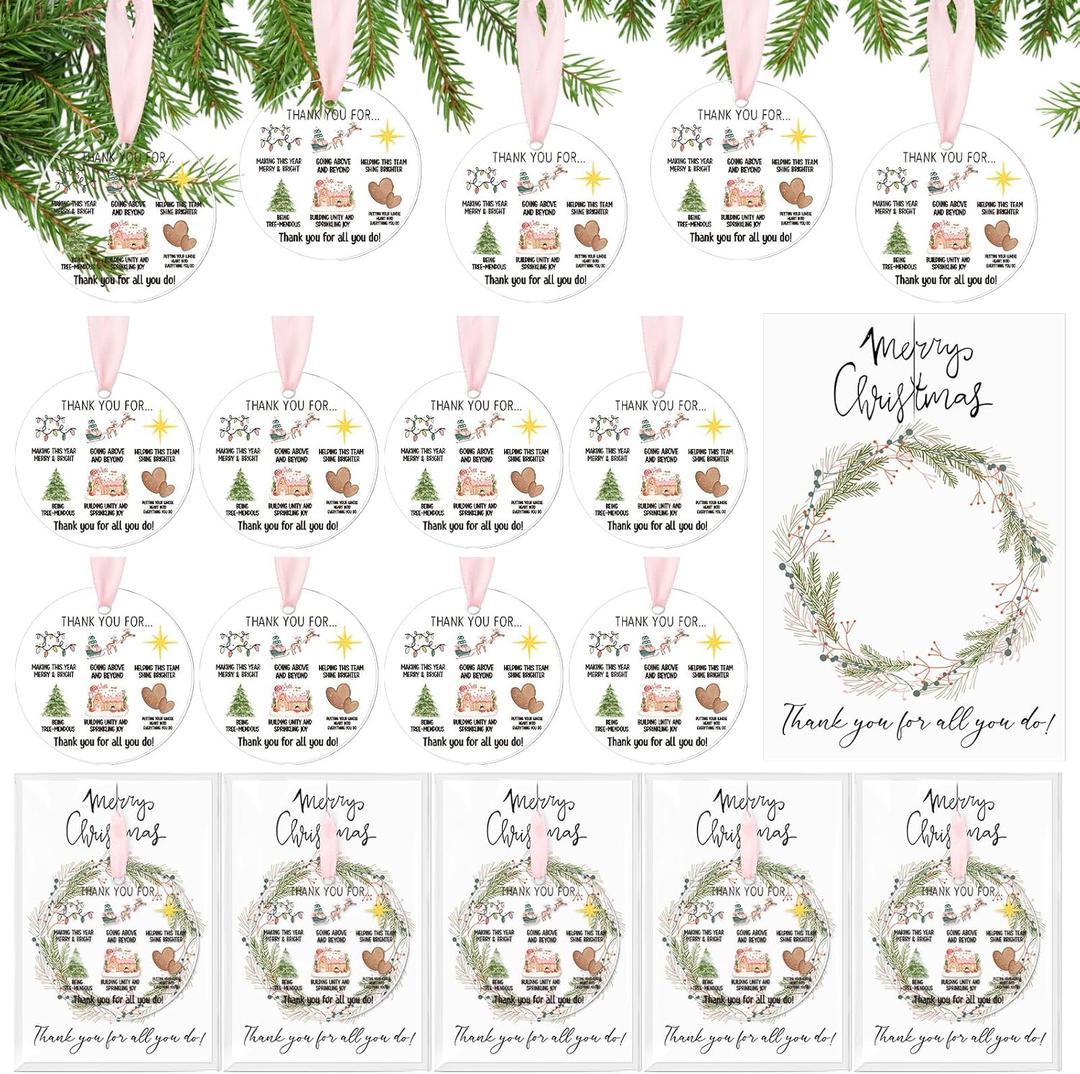 Kathfly 24 Sets Christmas Thank You Ornaments for Coworkers Employee Appreciation Gifts Bulk Acrylic Christmas Tree Hanging Ornaments with Ribbon Inspirational Cards for Team Teacher Staff Nurse