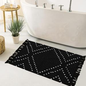 HAOCOO Boho Bathroom Rug 2 X 3, Cotton Woven Washable Small Area Rugs with Tassels,Black and White Kitchen Rug Moroccan Tribal Throw Carpet Bath Mat Front Door for Living Room Kitchen Bedroom