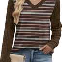 WIHOLL Sleeve Patchwork Shirts for Women Loose Fit V Neck Fall Outfits 2025 Trendy Sweaters Casual Tunic Tops (S)