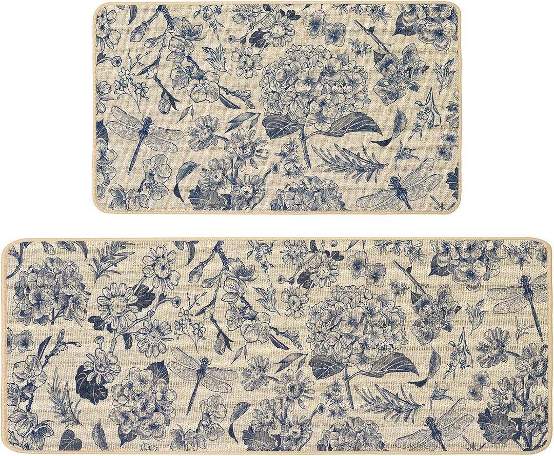 Baccessor Blue Hydrangea Kitchen Mats Set of 2, Spring Summer Flowers Kitchen Rugs for Floor Non Slip Absorbent Low-Profile Seasonal Farmhouse Home Decor 17x29 and 17x47 Inch