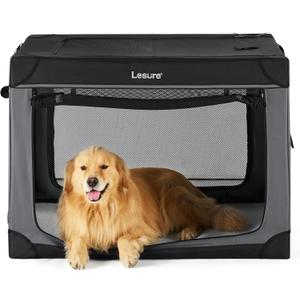 Lesure Soft Collapsible Dog Crate - 42 Inch Portable Travel Crate for Extra Large Dogs Indoor & Outdoor, 4-Door Foldable Pet Kennel with Durable Mesh Windows, Black (XL - 42")