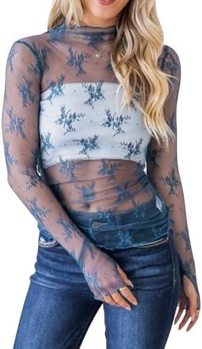 ROJZR Womens Mesh Tops Lace Long Sleeve Mock Neck Blouse Floral Sheer See Through Sexy Tops Shirt with Thumb Hole S