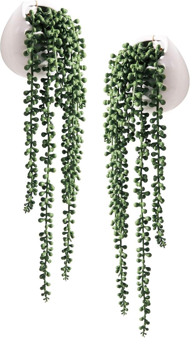 Tiita Artificial Succulents Hanging Plants, Faux String of Pearls Plants for Home Office Accessories Window Sill Bathroom Bedroom Fake in White Ceramic Pots, Set of 2