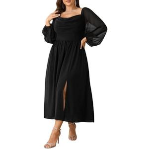 SHESTARR Women's Plus Size Dress Chiffon Long Sleeve Cowl Neck Wedding Guest Cocktail Party Maxi Dress, 2XL