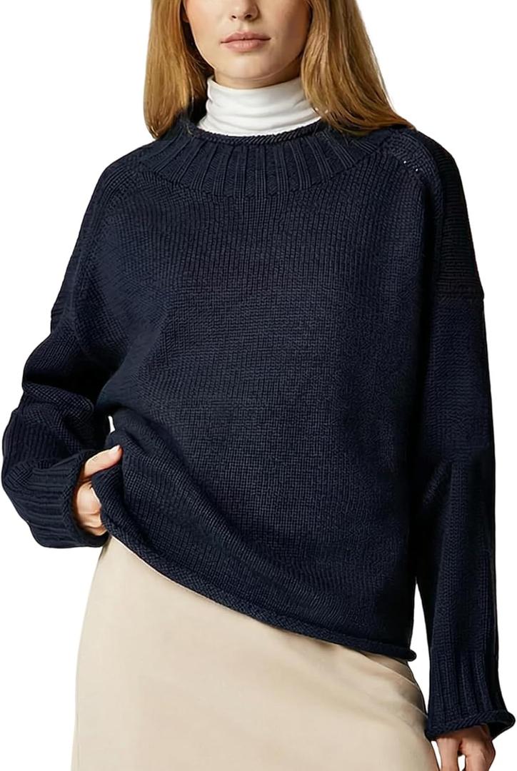 Wyeysyt Women's Oversized Rollneck Sweater Chunky Cable Knit Soft Pullover Sweater Fall Winter Casual Knitwear(Navy-M)