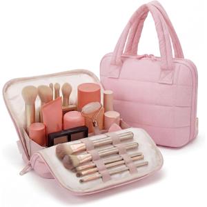 Wandering Nature Standing Makeup Bag for Travel, Portable Fold-down Cosmetic Organizer, Puffer Open Make Up Pouch with Handle & Divider & Brush Holder, Easy Clean Toiletry Bag with EVA Lining