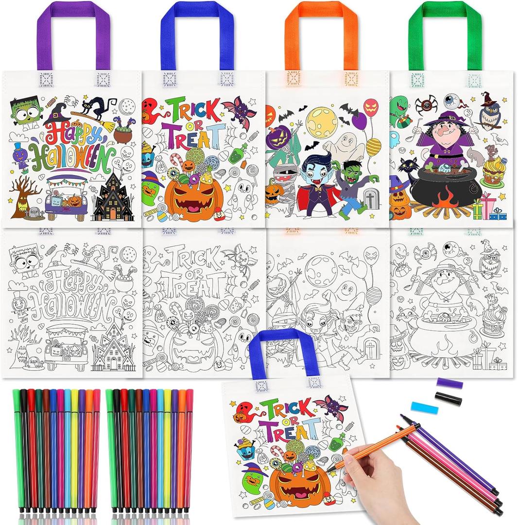 HOWAF 12pcs Summerween Coloring Goodie Bags with Paint Pens for Kids, Halloween Boo Coloring Candy Bags Trick or Treat Coloring Gift Bags, Happy Halloween Reusable Canvas Bag Party Favors Coloring