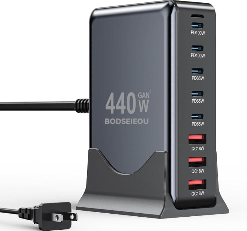 USB C Charger Block 440W Charging Station Hub,8 Port GaN III Fast Charging Brick with 5ft Extension Cord,PD PPS 100W Laptop Power Adapter for MacBook Pro/Air,iPhone 17/16,Samsung Galaxy,Dell