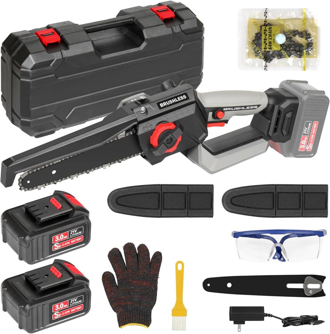 8 Inch Mini Chainsaw Cordless, 1150W 5000RPM Brushless Handheld Electric Chain Saw with Chain Guide Plate 2x3.0A Batteries and Other 6 Accessories, for Tree Branch Wood Cutting, Garden Tools Gift