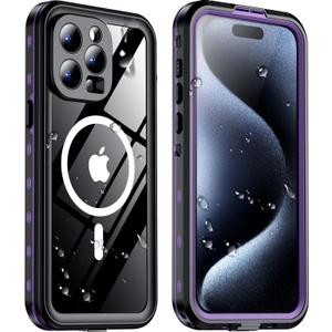 Temdan Magnetic for iPhone 15 Pro Case Waterproof,Built-in Screen Protector[IP68 Underwater][Upgrade Military Dropproof][Compatible with MagSafe] Full Body Shockproof Translucent Case 6.7''-Purple