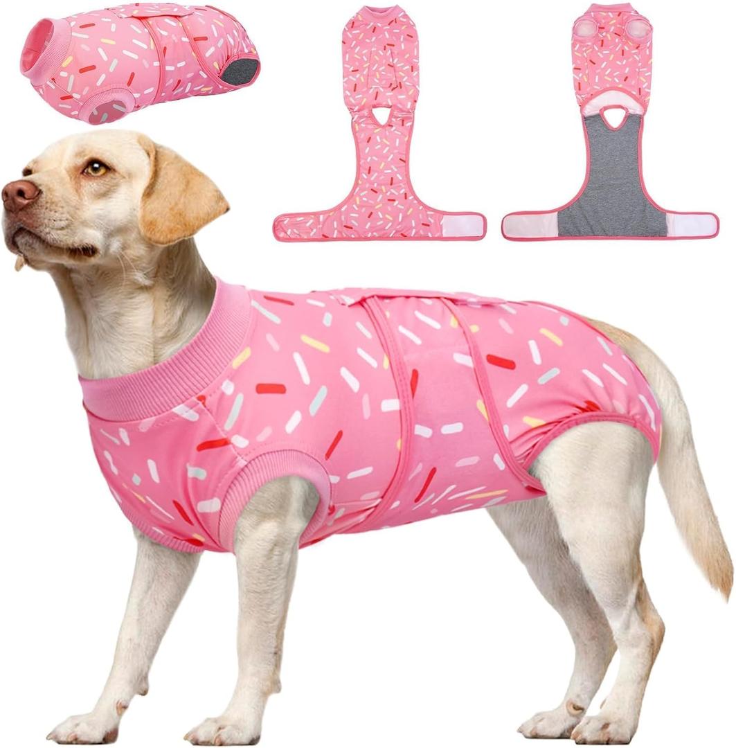 Kuoser Dog Surgery Recovery Suit, Recovery Suit for Female Male Dogs, Dog Onesie After Surgery Spay Neuter, Anti-Licking Pet Surgical Recovery Snugly Suit, Bodysuit for Abdominal Wounds Skin Disease (Large (Back:16.1-20.1'', Weight:23-48 LB), 1#PinkRibbon)