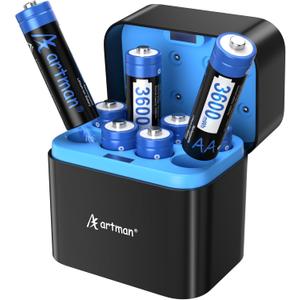 A Artman 8 Pack 3600mWh Rechargeable AA Batteries Lithium with Fast Charger for Blink Outdoor Camera, 1.5V Constant Output Double A Battery with 2000+ Cycles Charging Time (Black) A Artman 8 Pack 3600mWh Rechargeable AA Batteries Lithium with Fast Charger for Blink Outdoor Camera, 1.5V Constant Output Double A Battery with 2000+ Cycles Charging Time (Black)