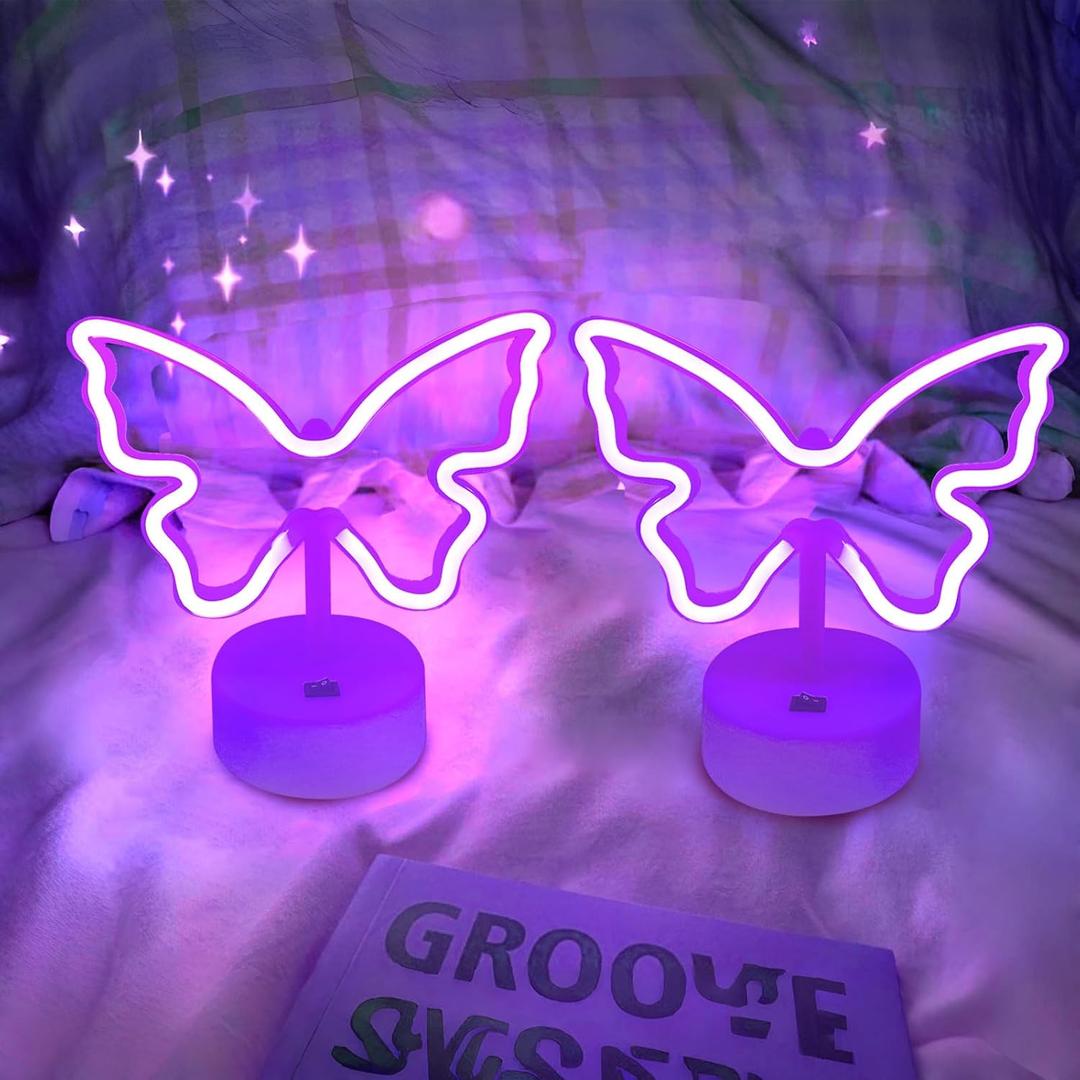 2 x Purple Butterfly Neon Sign Lights - 2 Pack Butterfly Decorations for Girls Bedroom Battery/USB-Powered Purple Room Decor, Aesthetic for Room, Home, Party, Nursery