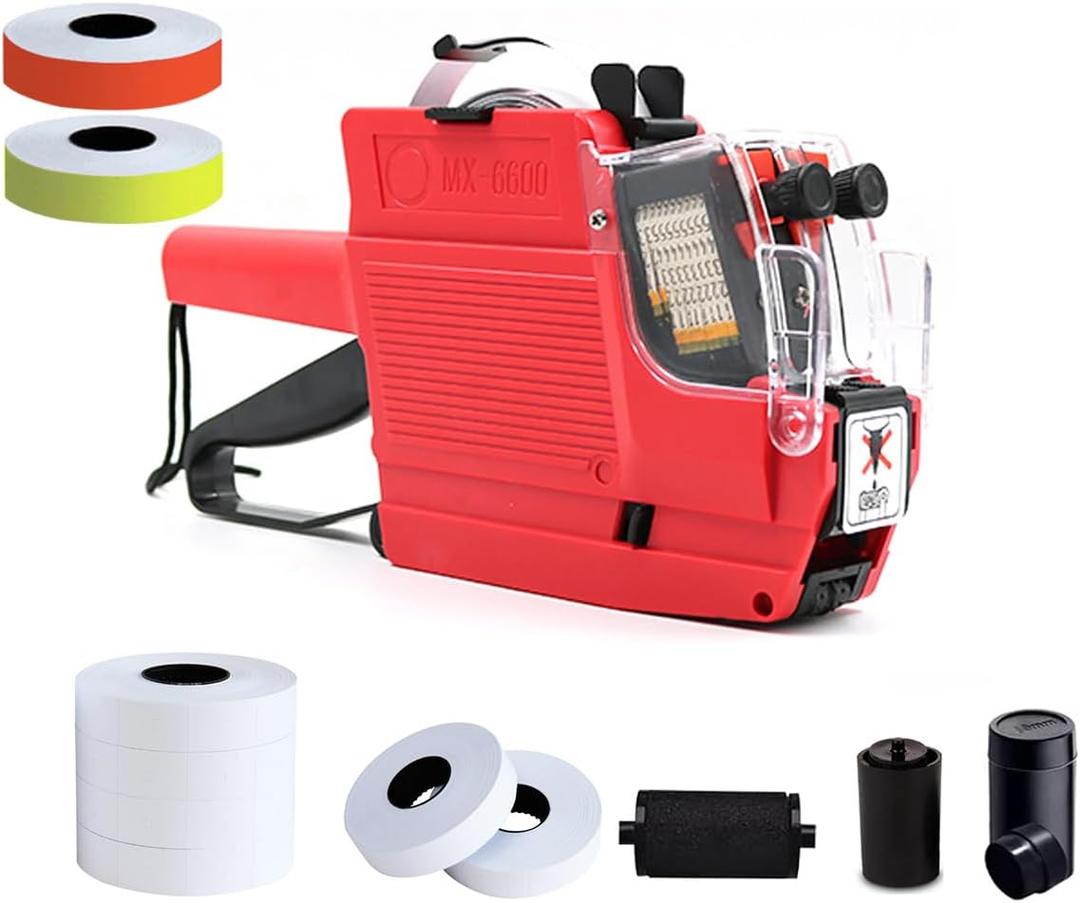 2-Line 20 Digits MX6600 Price Label Gun w/ 3 Inkers 3800 Multicolored Stickers, Pricing Labeler Tag Maker Machine with String for Office Retail Shop Grocery Store Yard Sale(MX6600 red)