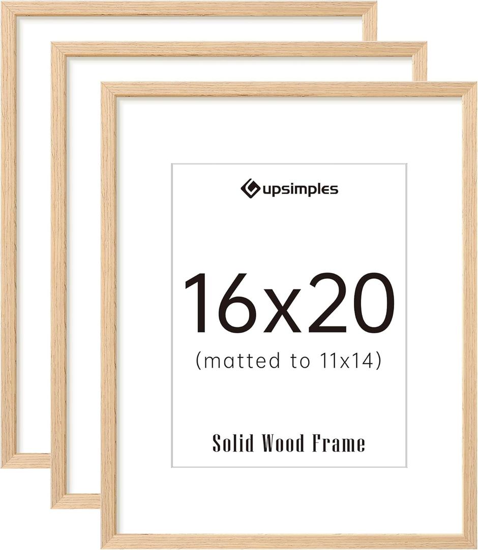upsimples 16x20 Frames Set of 3, Natural Solid Wooden Picture Frames, Display 11x14 with Mat or 16 x 20 Without for Vertical or Horizontal Wall Hanging