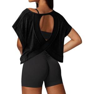 Open Back Workout Tops for Women Loose Fit Athletic Crop Tee Short Sleeve Gym Running Yoga Shirt (Medium, Black)