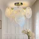 Small Crystal Chandelier Semi Flush Mount Ceiling Light Fixture Modern Bronze Gold Cloud Glass Chandelier Light for Entryway Hallway Bathroom Bedroom (14.2IN)