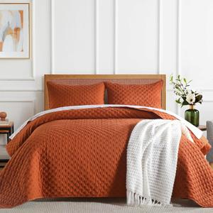 WONGS BEDDING Burnt Orange Quilt Set King Size, Thanksgiving Embossed Design Bedspread Coverlet with Pillow Shams, 3 Pieces Lightweight Microfiber Fall Quilt Bedding Set with Plaid Pattern (106"96")