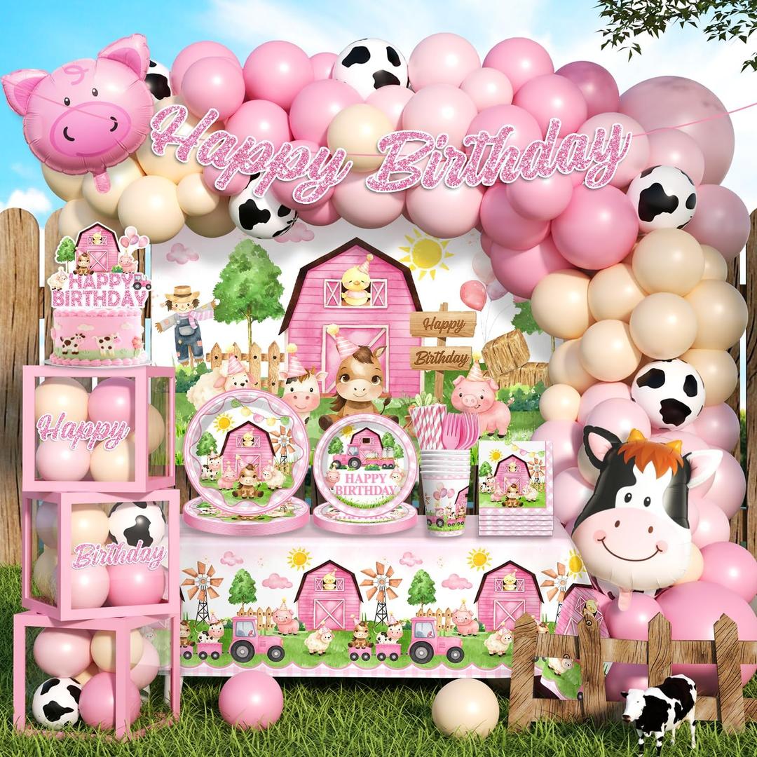 313pcs Farm Birthday Decorations for Girl, Worry-free One-stop Set for 25 Guests, with Thick Plates Banner Centerpieces and Cupcake Toppers, Easy Setup for Farm Themed Party