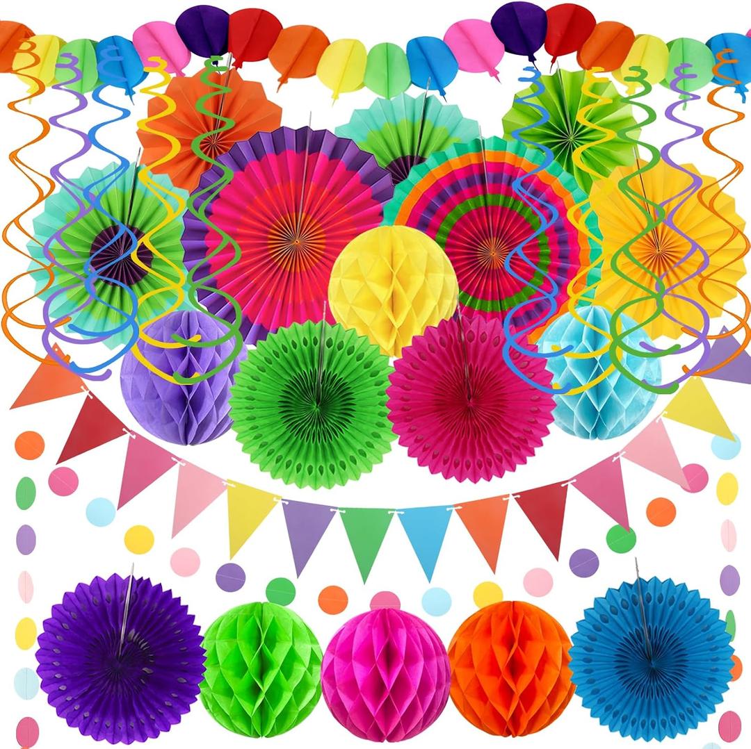 Fiesta Party Decorations - Easy to Assemble Multicolored Paper Fan Honeycomb Ball Garland Hanging Swirl for Mexican Party Cinco De Mayo Taco Themed Party Decorations Birthday Rainbow Parties