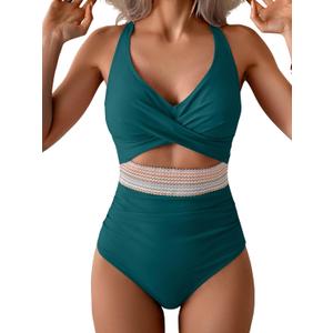 B2prity One Piece Swimsuit for Women Tummy Control V Neck Bathing Suit Color Block High Waisted Cutout Swimwear (X-Large, Green)