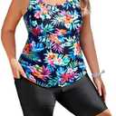 Plus Size Tankini with Shorts - Women Two Piece Bathing Suit Top Tummy Control Swimwear Bottom with Pockets, Size 16W