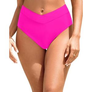 Zmart Womens High Waisted Bikini Bottoms - V Cut Full Coverage Bathing Suit Swimsuit Bottom with Twist Front Pink M