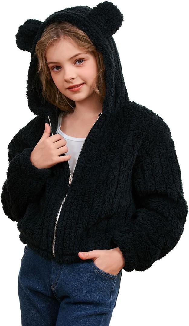 SOLY HUX Girl's Fleece Teddy Jacket Sherpa Zip Up Hoodie Kids Fuzzy Fall Winter Coat Outerwear Jackets Plain Black 11-12Y