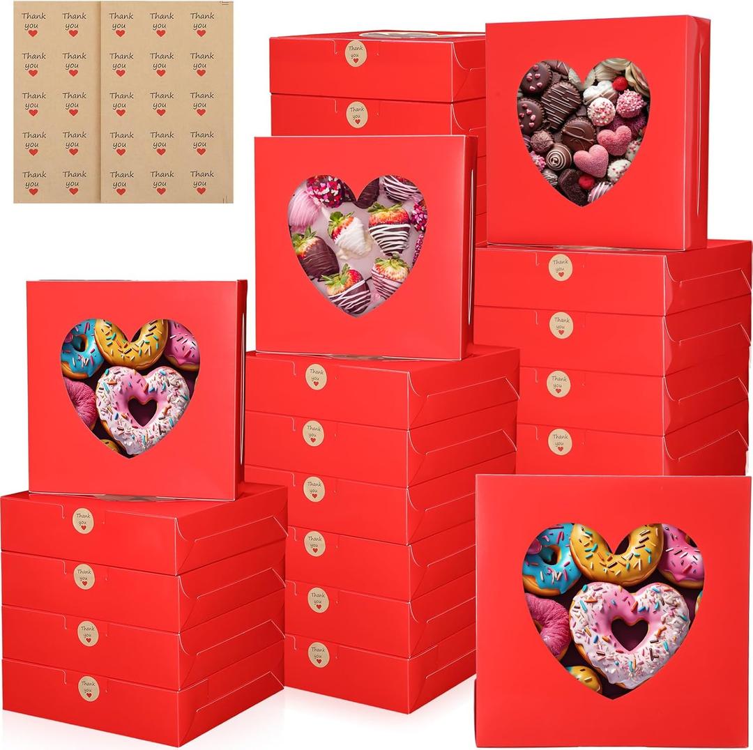 Janlaugh 25 Pcs Red Bakery Boxes for Women Mother with Window Heart Cupcake Treat Cookie Dessert Box Bulk Mom Gift for Chocolate Strawberries Donuts Candy Party Favor (10x10x2.5 Inch)