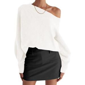 Saodimallsu Women's Off The Shoulder Sweater Long Sleeve Boat Neck Pullover 2025 Casual Trendy Loose Knit Tops (Small, White)