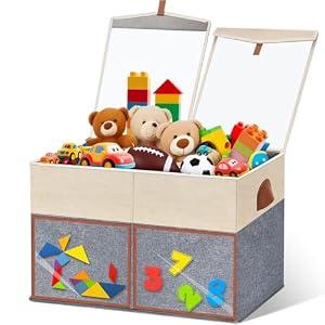 LVGOATH 1 Pack Large Toy Storage Box with Clear Lids Collapsible Toy Organizer Chest with Adjustable Dividers Kids Storage Bin Basket for Boys Girls Living Room Nursery Playroom Closet Beige and Grey