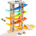 TOP Bright Wooden Race Track Car Ramp Toys for Toddlers 1-3 Years Old with 6 Mini Cars, 1 Car Garage & Extra Bridges, Toddler Montessori Toys for 1 Year Old Boys Girls Birthday