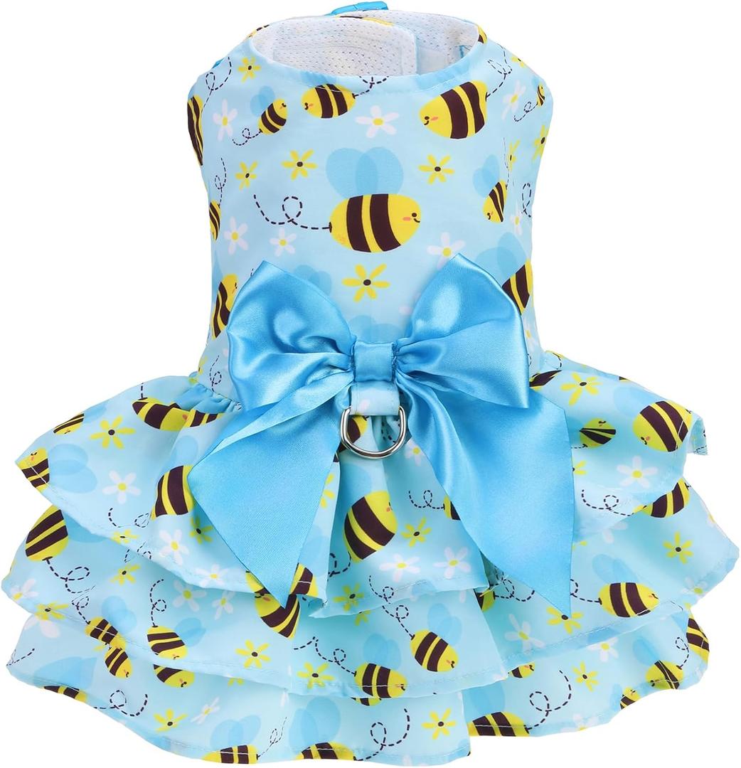 PUPTECK Cute Dog Dress with Bowknot and Leash Ring, Soft Breathable Dog Clothes Puppy Princess Girl Outfit, Pet Apparel Costume for Small Medium Sized Dogs, Blue Yellow Bee, M