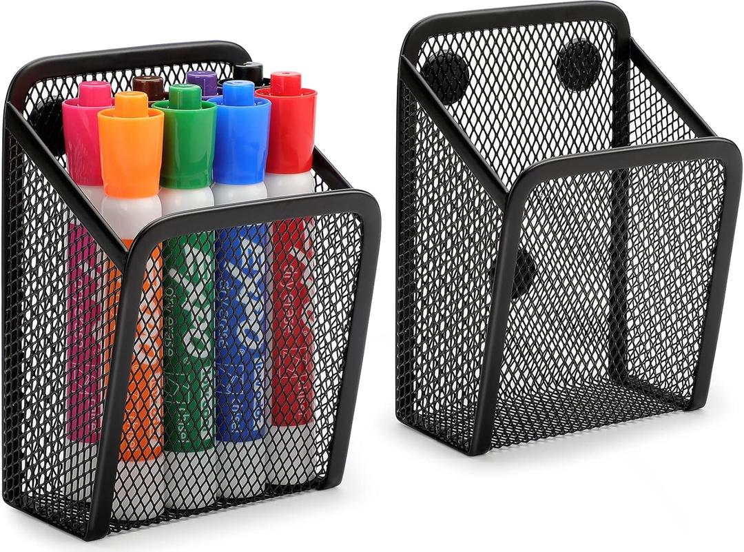 MaxGear Magnetic Pen Holder, 2 Pack Mesh Pencil Holder for Desk Storage Basket Organizer Marker Holder - Extra Strong Magnets Perfect for Locker Accessories, Refrigerator, Whiteboard, School Office