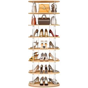 TAKEKIT 7-Tier Rotating Shoe Rack, 360 Degree Spinning Shoe Rack Tower, Lazy Susan Storage Tower Made of Acrylic and Wood, Round Rotating Organizer Shelf for Closet, Entryway and Bedroom