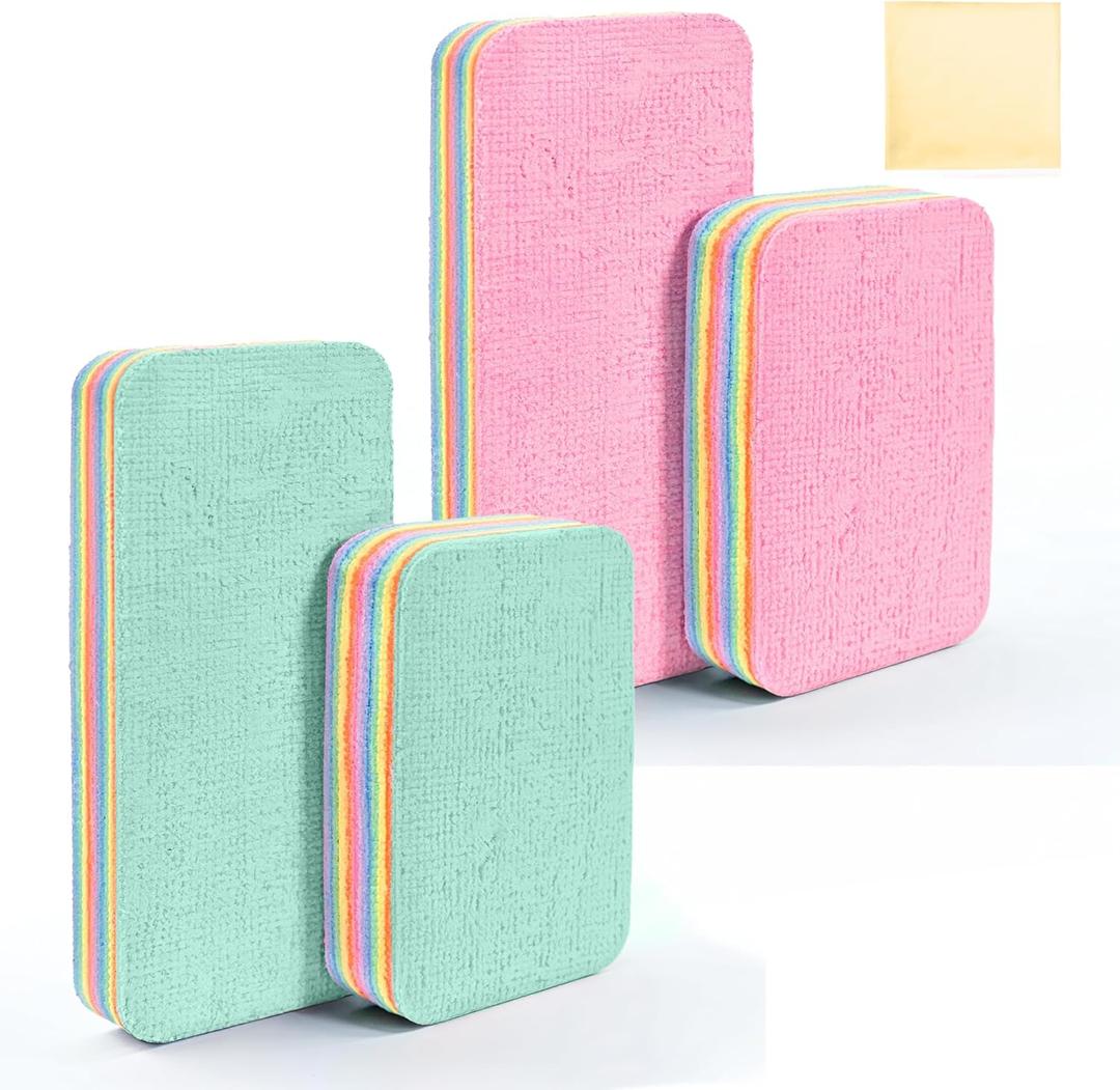 LEAVAQ Peelable Microfiber Sponges 4 Pack 12-Layer Tear Away PVA Cleaning Pads, Ultra Absorbent Non-Scratch Rainbow Sponge for Kitchen Dish, Countertop, Bathroom, Glass & Car Cleaning