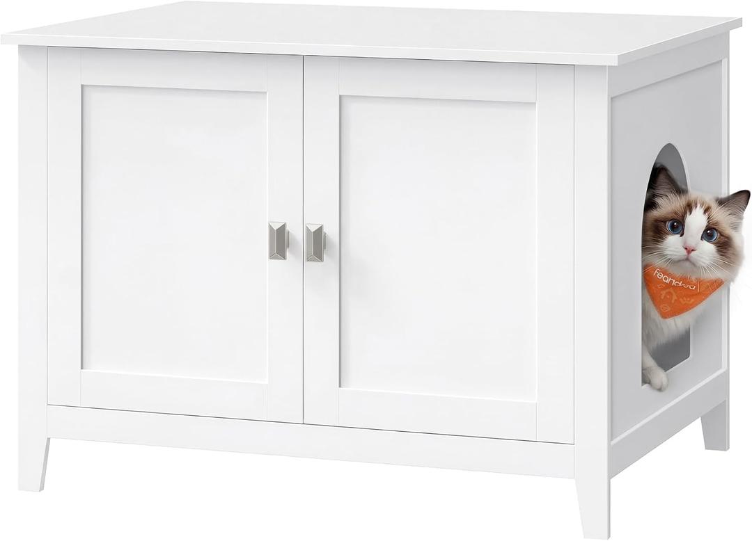 Feandrea Cat Litter Box Enclosure, Modern Hidden Cat Litter Box Furniture, Double Doors, Handles, Indoor Pet House Washroom, Living Room Side End Table, Cloud White UPCL015WB01